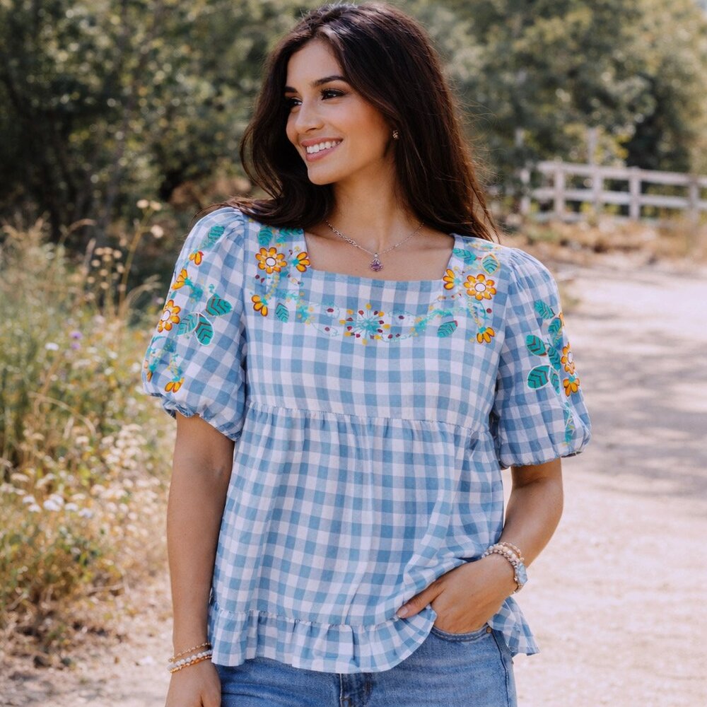 Davi & Dani Embroidered Gingham Top Women’s Large Blue Floral Boho Puff Sleeve
